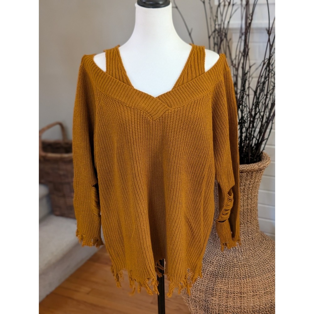 Full Circle Trends 2X Cold Shoulder Distressed Knit Sweater Mustard Yellow Plus
